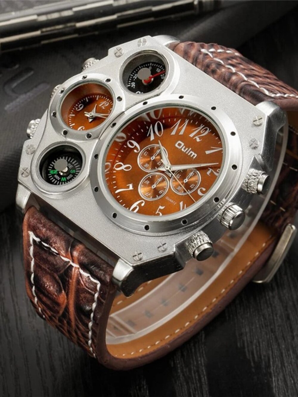 Men Army Sports Fashion Big Dial Leather Strap Quartz Wrist Watch Two Time Zone